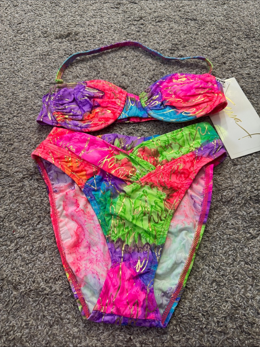 Sessa Vintage 80s Neon Gold Foil High-cut Bikini Swimsuit Made in USA